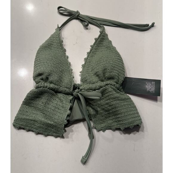 Wild Fable Green Crochet Bikini Top Women’s Size XXS Tie Front Longline Halter - Picture 1 of 6
